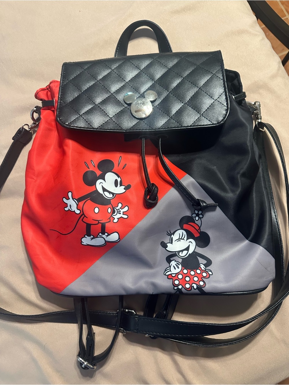 Disney Red Black and Gray Mickey & Minnie Quilted Flap Drawstring Backpack